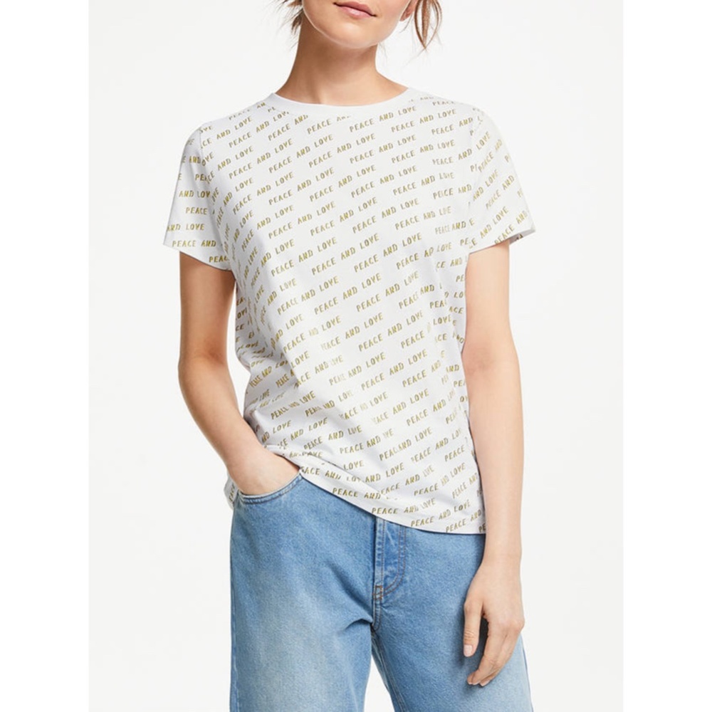 Anthropologie Numph Kaitlyn T-Shirt Peace and Love Print White Medium M